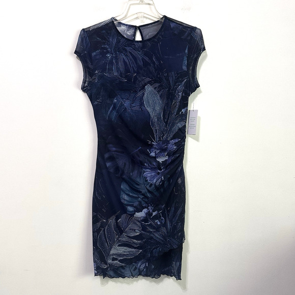 Guess Eco Aida Mesh Dress L Blue Etched Tropical Print Bodycon Mini Y2K Sexy NEW - Picture 1 of 10
